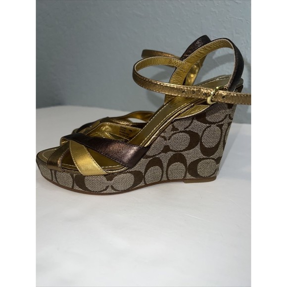 Coach Shoes - Coach Monogram Insignia Peep Toe Wedge Heels Shoes Gold & metallic Sz 6.